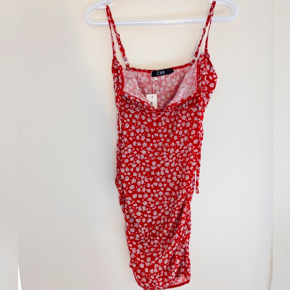 NWT CBR Floral Red Mini Ruched‎ Dress Adjustable Straps Size S